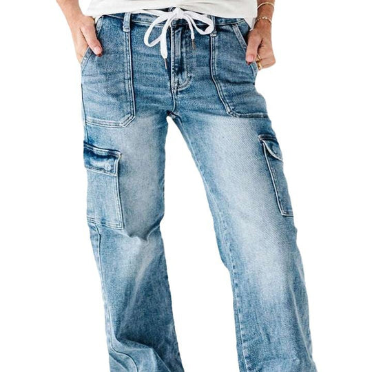 Damen Cargo-Jeans mit weitem Bein und verstellbarem Bund EB