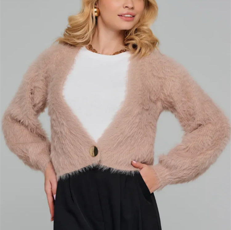 Damen Kurze flauschige Kunstfell-Cardigan mit offenem Schnitt und Raglanärmeln EB