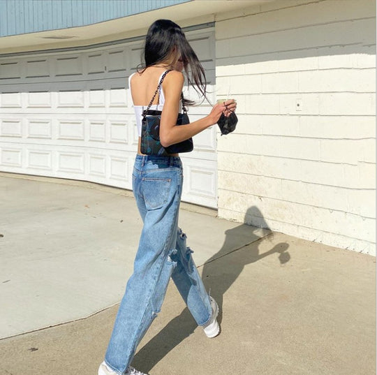Damen nan hochgeschnittene weite Jeanshose im Baggy-Stil mit Knieausfransungen und elastischem Saum EB