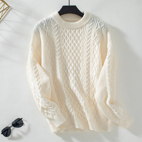 Damen Grobstrickpullover mit raffiniertem Zopfmuster und Rundhalsausschnitt EB