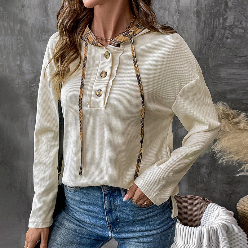 Damen Langarm Kapuzenpullover mit dekorativem Knopf- und Karodetail EB