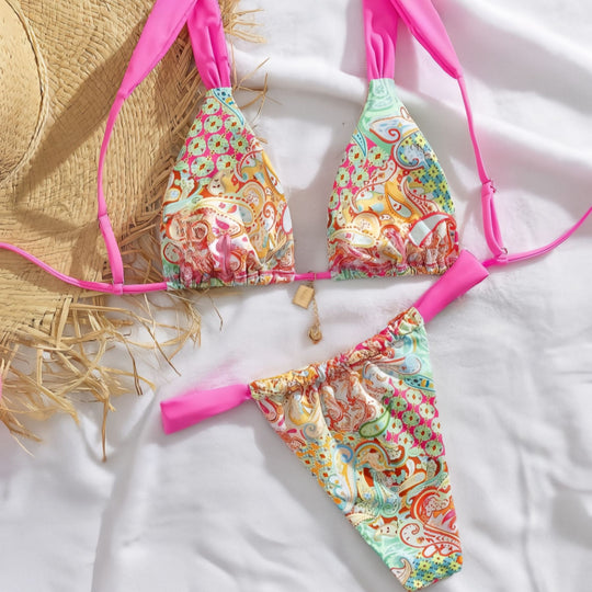Damen Triangel-Bikini mit buntem Paisleymuster und verstellbaren Trägern EB