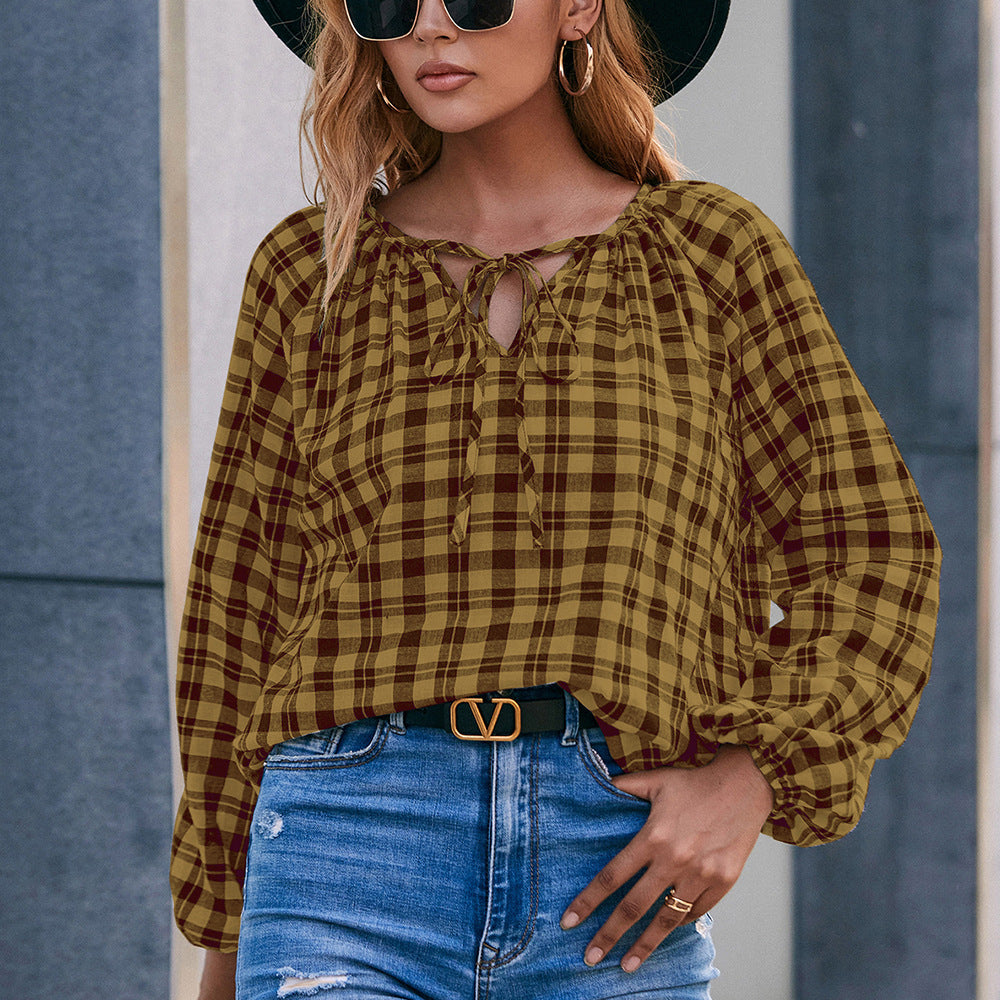 Damen Bluse mit Karo-Muster und Schleifendetail EB