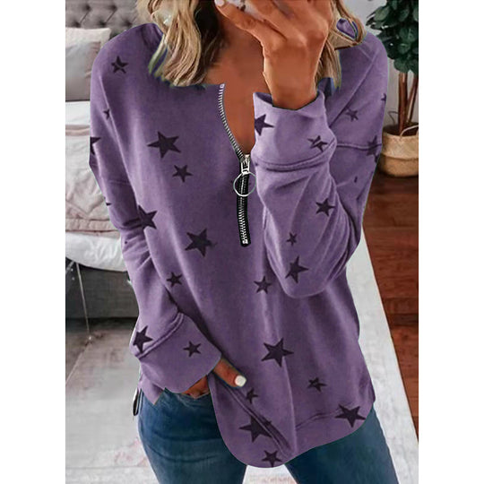 Damen Lässiger Sweatshirt mit Reißverschluss und Sternenmotiv EB