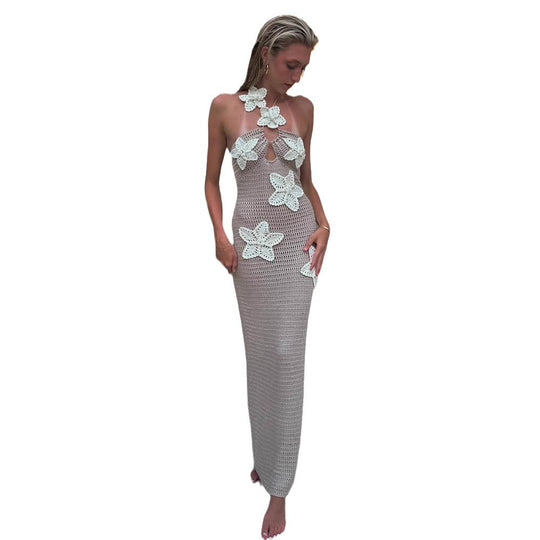 Damen Strickmaxikleid mit floralem Einsatz und schulterfreiem Design EB