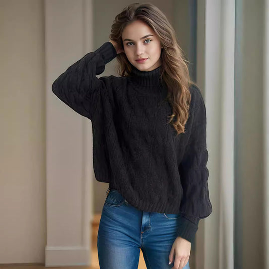 Damen Strickpullover mit hohem Kragen und strukturierter Zopfoptik EB