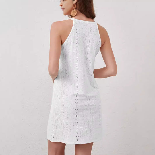 Damen nan ärmelloses Minikleid mit Neckholder, Lochstickerei und floraler Häkelapplikation EB