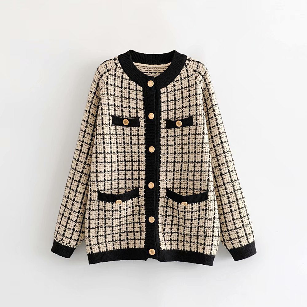 Damen Strickjacke mit Modischem Karomuster und Knopfdetails EB