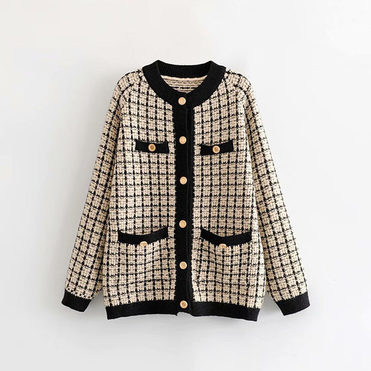 Damen Strickjacke mit Modischem Karomuster und Knopfdetails EB
