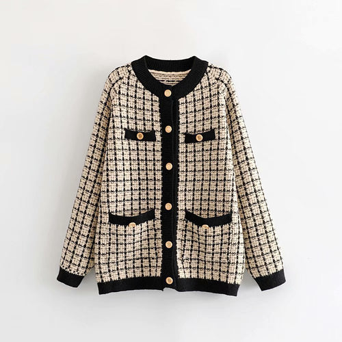 Damen Strickjacke mit Modischem Karomuster und Knopfdetails EB