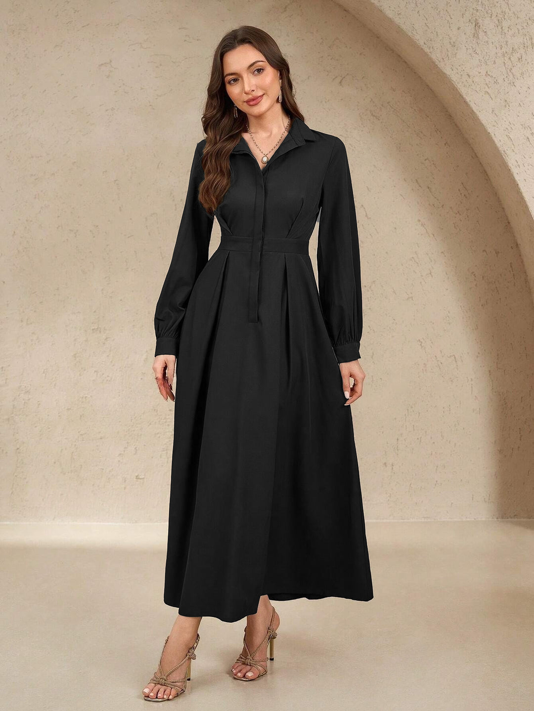 Damen nan langes Hemdblusenkleid mit Taillengürtel, verdeckter Knopfleiste und ballonärmeln EB