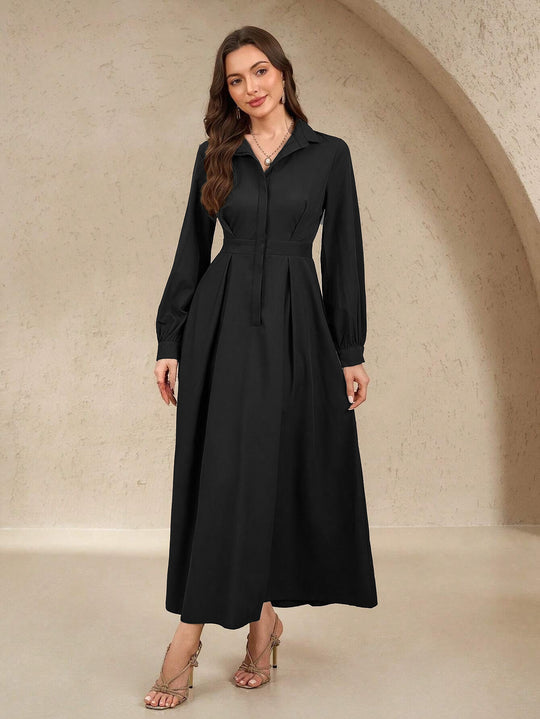 Damen nan langes Hemdblusenkleid mit Taillengürtel, verdeckter Knopfleiste und ballonärmeln EB