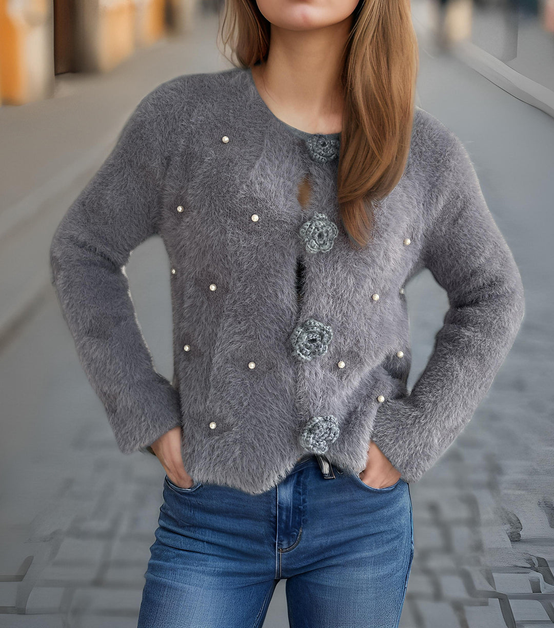 Damen Strickjacke mit floralen Applikationen und perlverzierter Detail EB