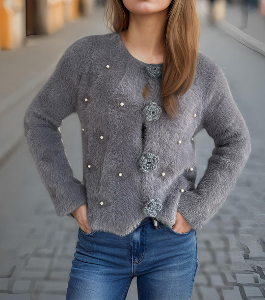 Damen Strickjacke mit floralen Applikationen und perlverzierter Detail EB