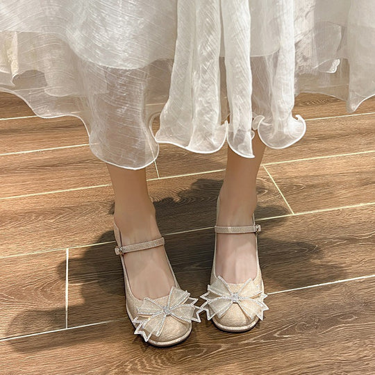 Damen elegante Ballerinas mit funkelnder Schleifenapplikation EB