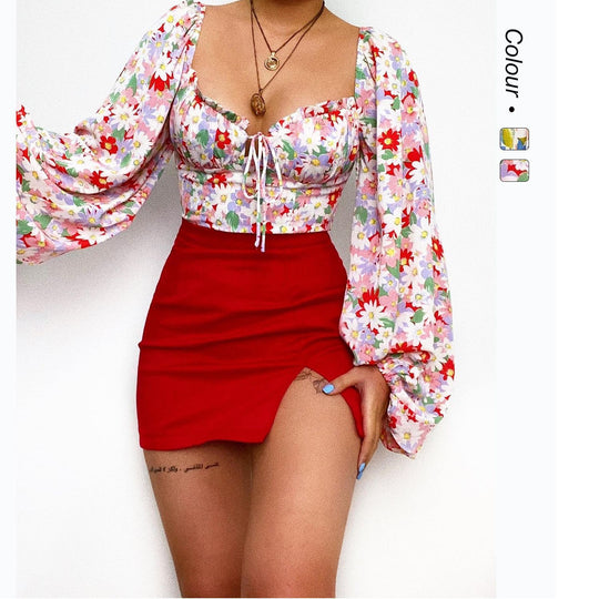 Damen Bluse mit Puffärmeln und floralem Muster EB
