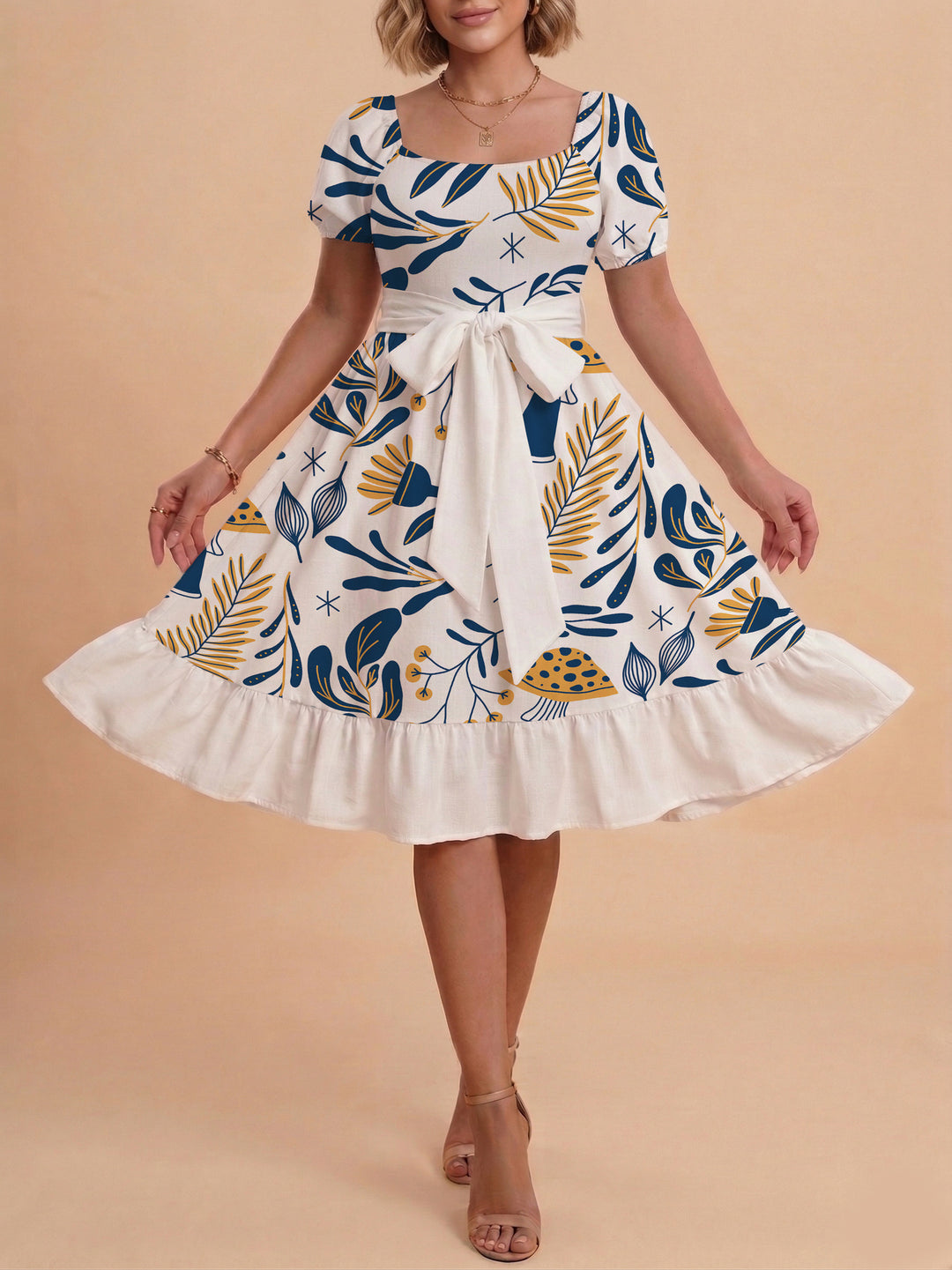 Damen Sommerliches Blumenkleid mit taillierbarem Gürtel und voluminösen Ärmeln EB
