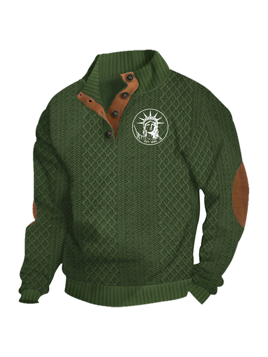 Herren nan Heritage-Strukturpullover mit Stehkragen Lederimitat-Besatz Ellenbogen-Patches und Halbknopfleiste EB