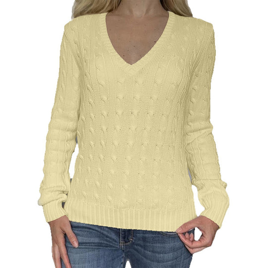 Damen nan Premium-Baumwollmix Zopfstrickpullover mit tiefem V-Ausschnitt und taillierter Silhouette EB