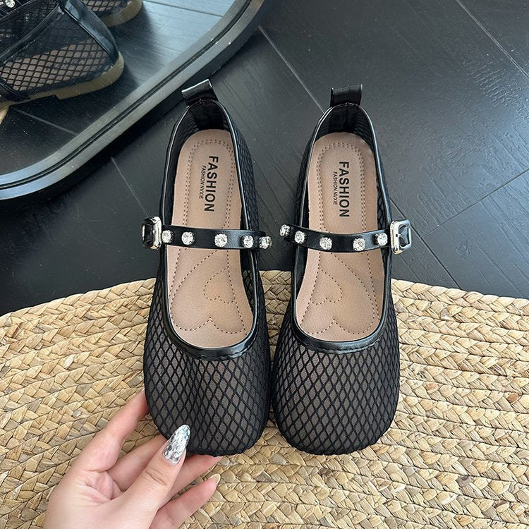 Damen Ballerinas mit dekorativem Netzdesign und funkelndem Riemen EB