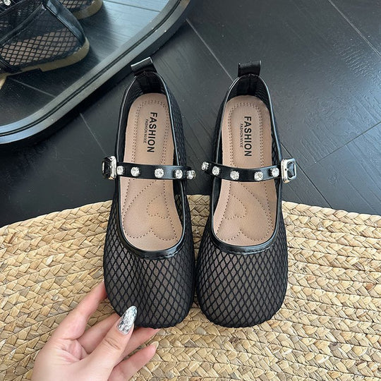 Damen Ballerinas mit dekorativem Netzdesign und funkelndem Riemen EB