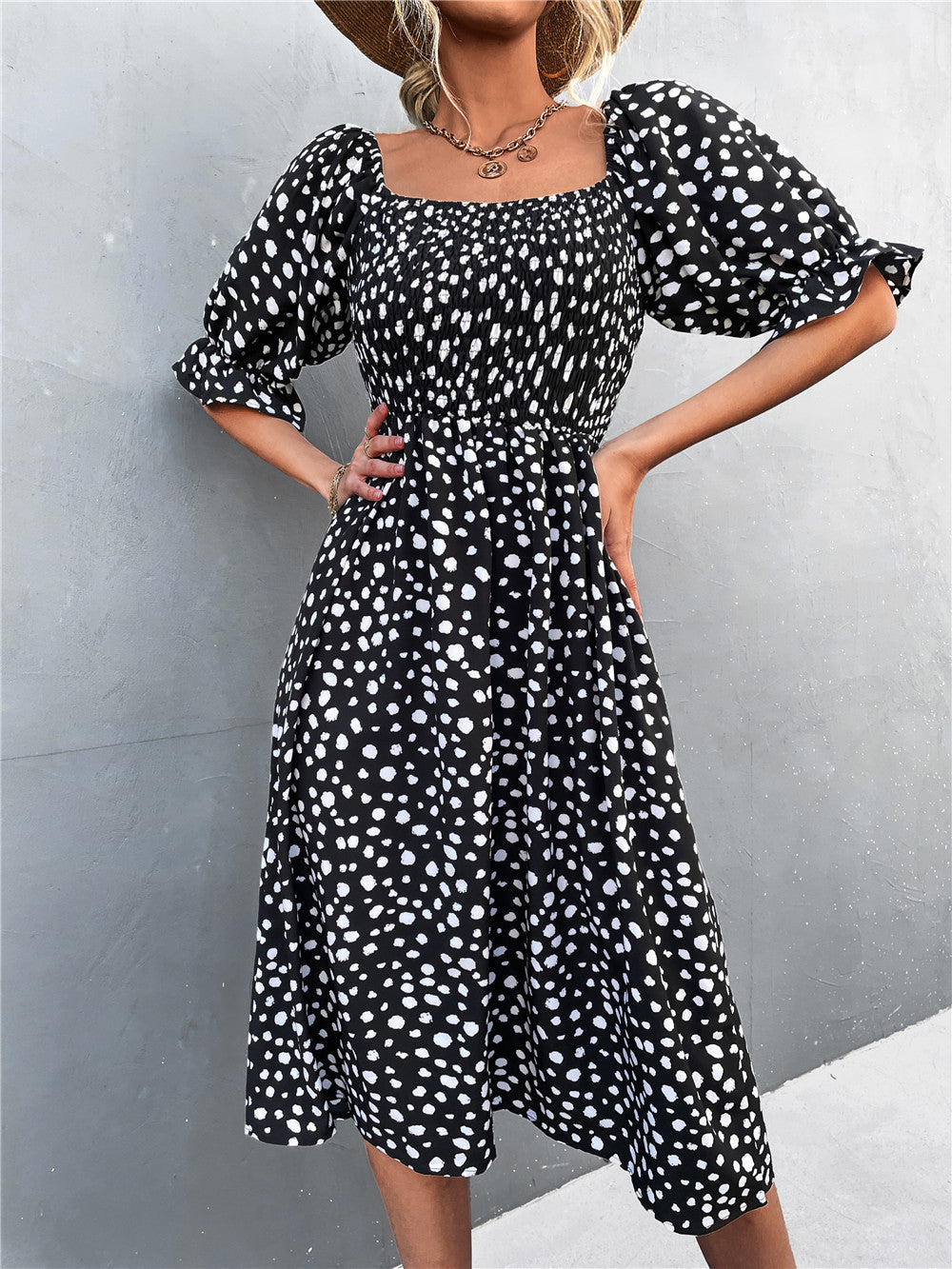 Damen Midikleid mit Puffärmeln und figurbetontem Taillenschnitt EB