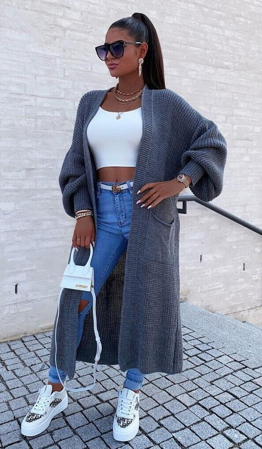 Damen Langer Strickmantel mit großzügigen Taschen EB