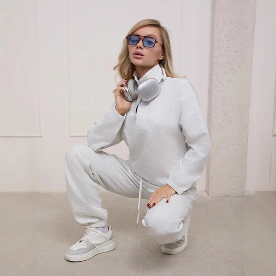 Damen weiches Lounge-Set mit halbem Reißverschluss, Kordelzughose und elastischen Bündchen EB
