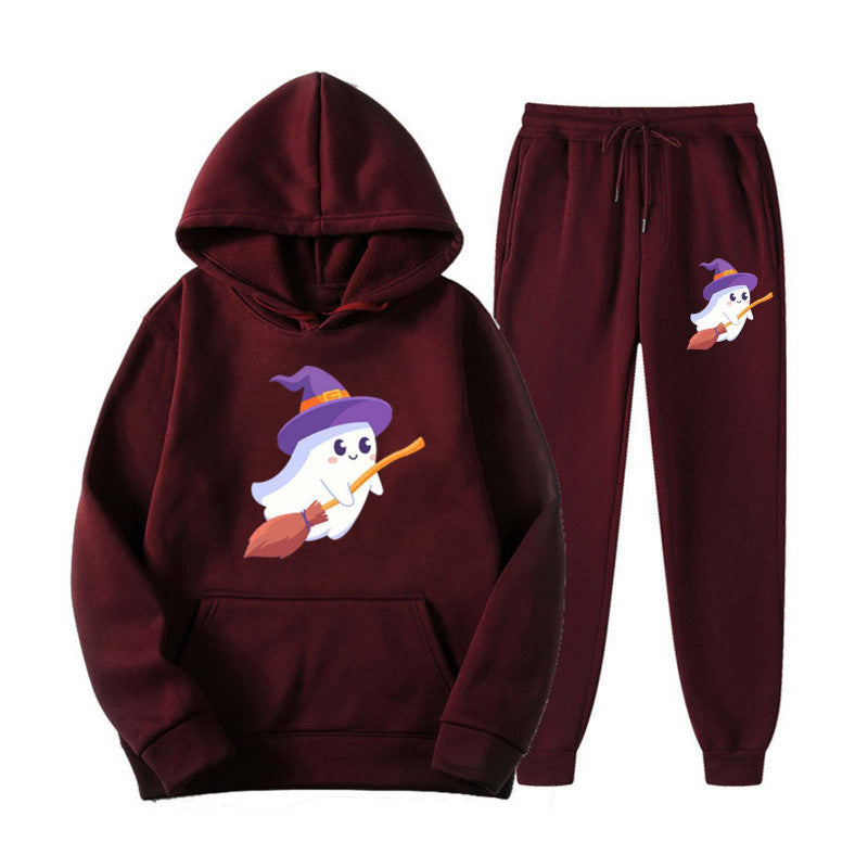 Unisex nan kuscheliger Kapuzenpullover und Jogginghose Set mit Halloween-Geistprint EB