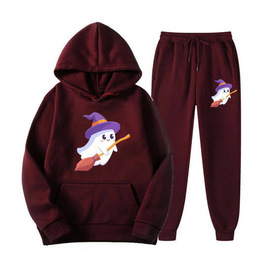 Unisex nan kuscheliger Kapuzenpullover und Jogginghose Set mit Halloween-Geistprint EB