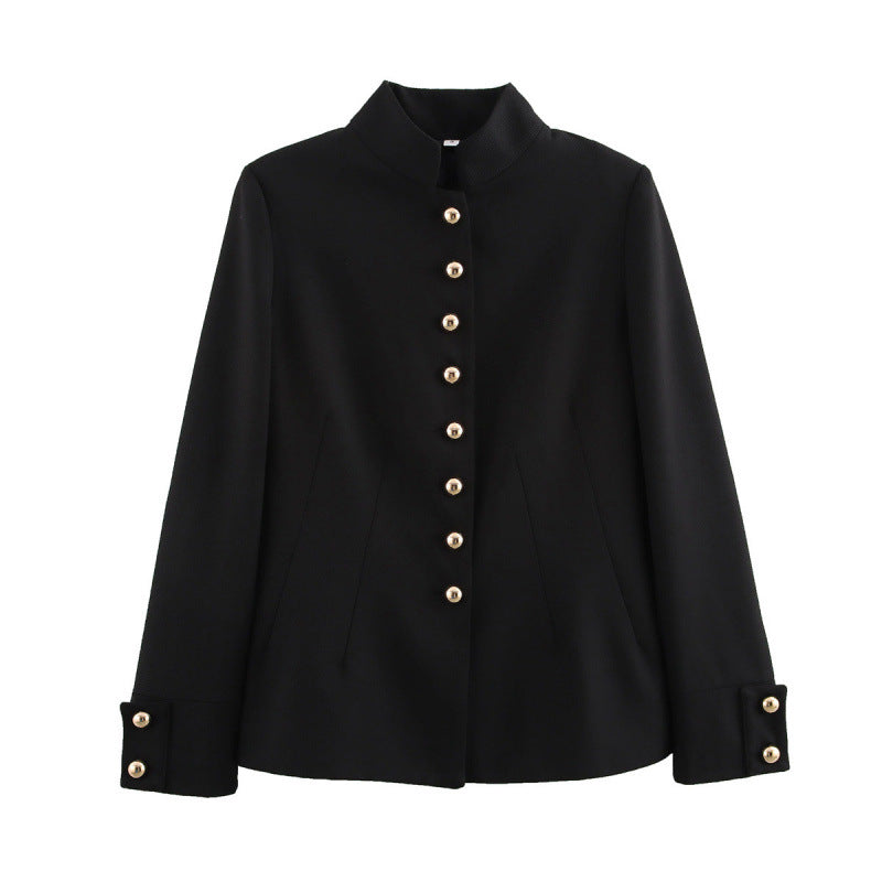 Damen elegante Jacke mit Stehkragen und goldenen Knopfdetails EB