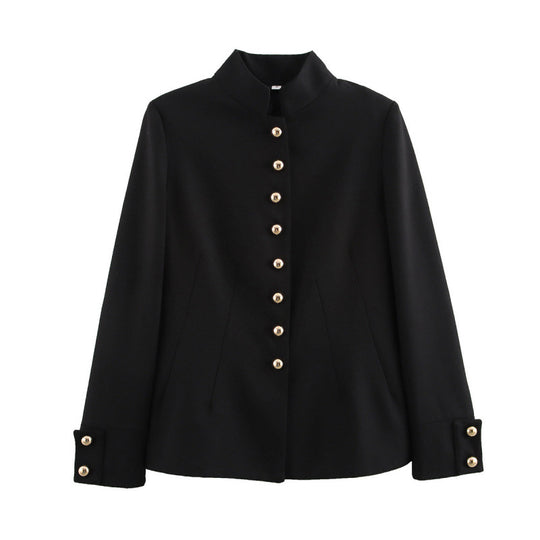 Damen elegante Jacke mit Stehkragen und goldenen Knopfdetails EB