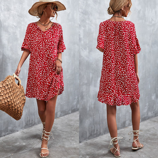 Damen lässiges V-Ausschnitt Sommerkleid mit voluminösen Ärmeln EB