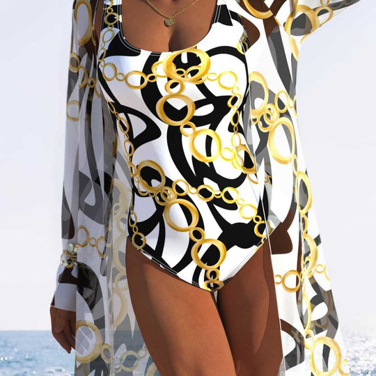 Damen eleganter Einteiler Badeanzug mit transparentem Überwurf und modernem Ringdesign EB
