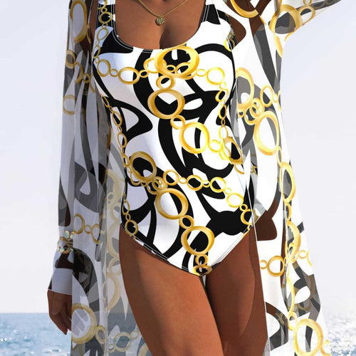 Damen eleganter Einteiler Badeanzug mit transparentem Überwurf und modernem Ringdesign EB