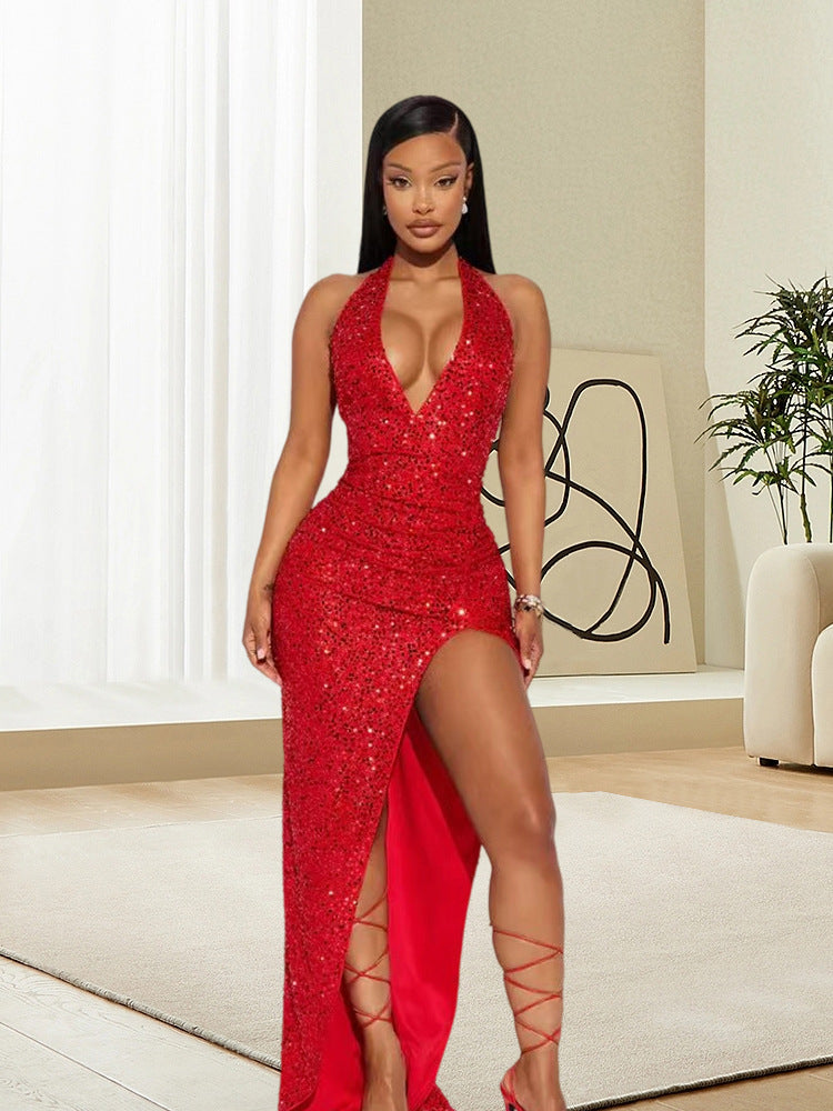 Damen Glamouröses Paillettenkleid mit tiefem V-Ausschnitt und hohem Schlitz EB