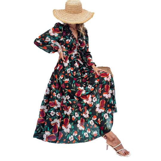 Damen nan luftig-fließendes Chiffon-Maxikleid mit Taillen-Cutouts, Rüschen-V-Ausschnitt und langen, transparenten Ärmeln EB