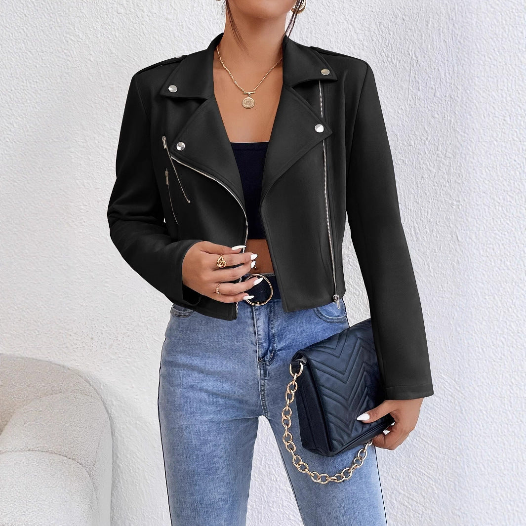 Damen Stylische Kunstjacke im Biker-Stil mit asymmetrischem Reißverschluss EB