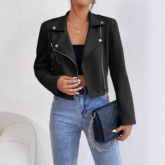 Damen Stylische Kunstjacke im Biker-Stil mit asymmetrischem Reißverschluss EB