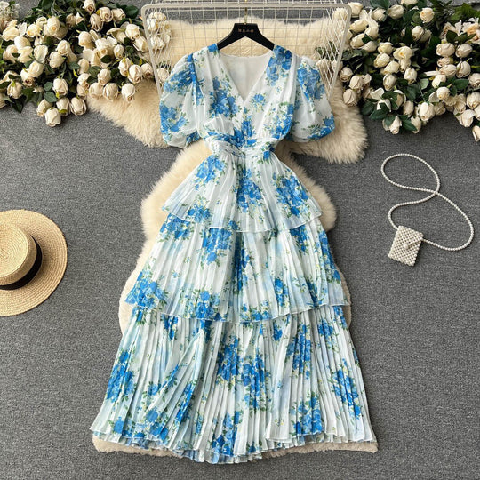 Damen Maxi-Kleid mit voluminösen Rüschendetails und floralem Design EB