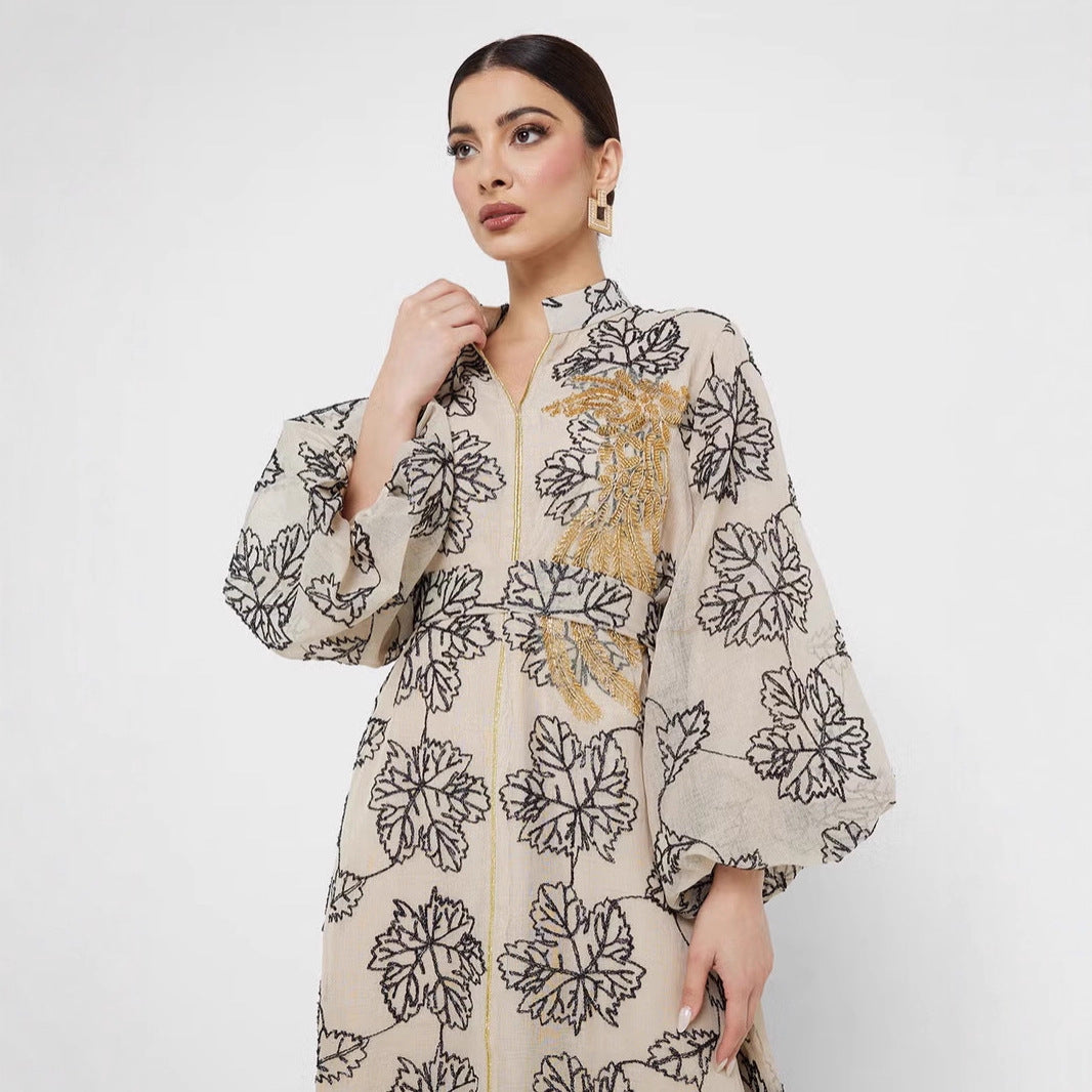 Damen Besticktes Maxikleid im Kaftan-Stil mit Reißverschluss, Taillengürtel und Ballonärmeln EB