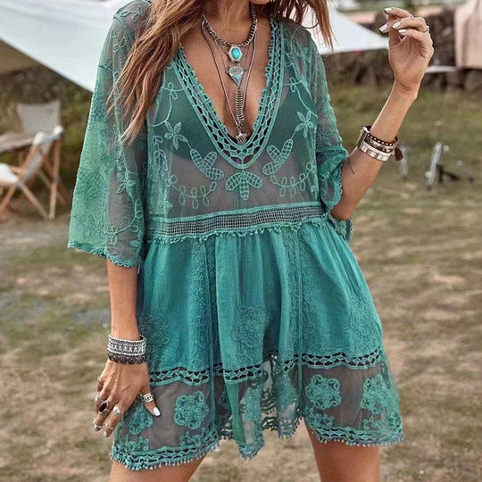 Damen luftiger Beachcover-Up mit aufwendiger Stickerei EB