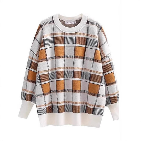 Damen oversized Pullover mit Karomuster und lässigem Schnitt EB