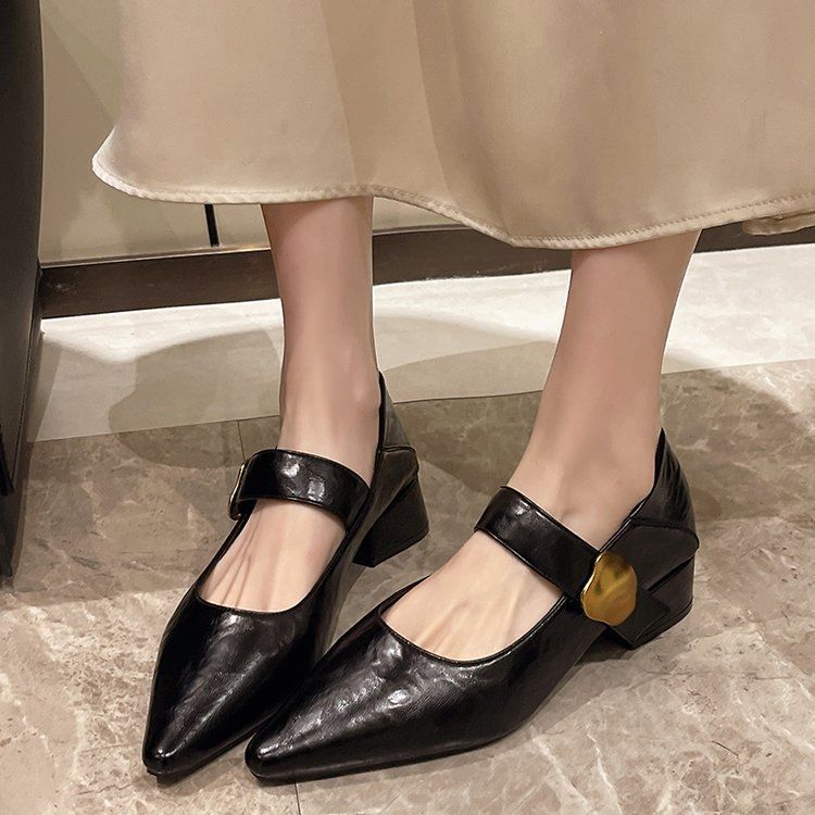 Damen elegante Mary Jane Pumps mit goldener Schnalle EB