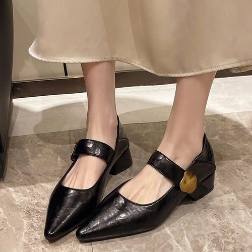 Damen elegante Mary Jane Pumps mit goldener Schnalle EB