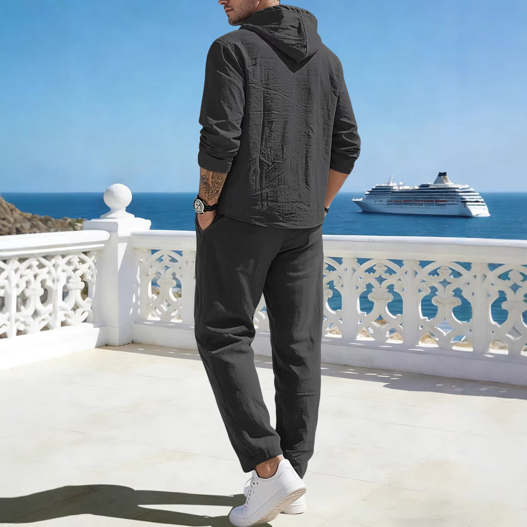 Herren nan entspannter Kapuzen-Henley Freizeitanzug aus leichter Baumwollmischung in Leinenoptik mit Kordelzug und elastischer Bundhose EB