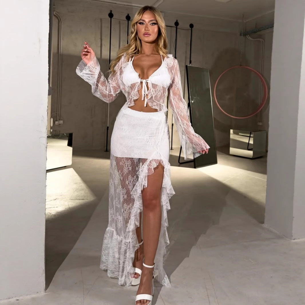 Damen Transparente Bluse mit Rüschenärmel und frechem Bindeband EB