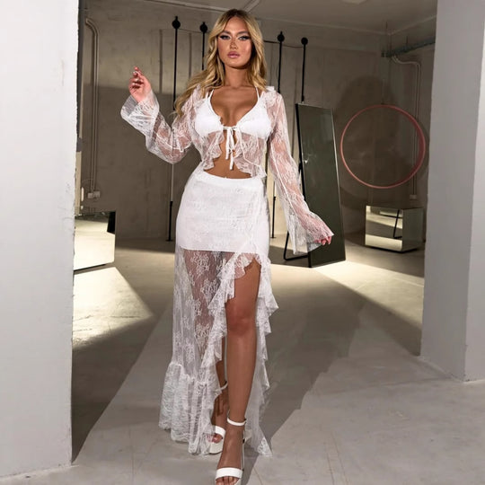 Damen Transparente Bluse mit Rüschenärmel und frechem Bindeband EB