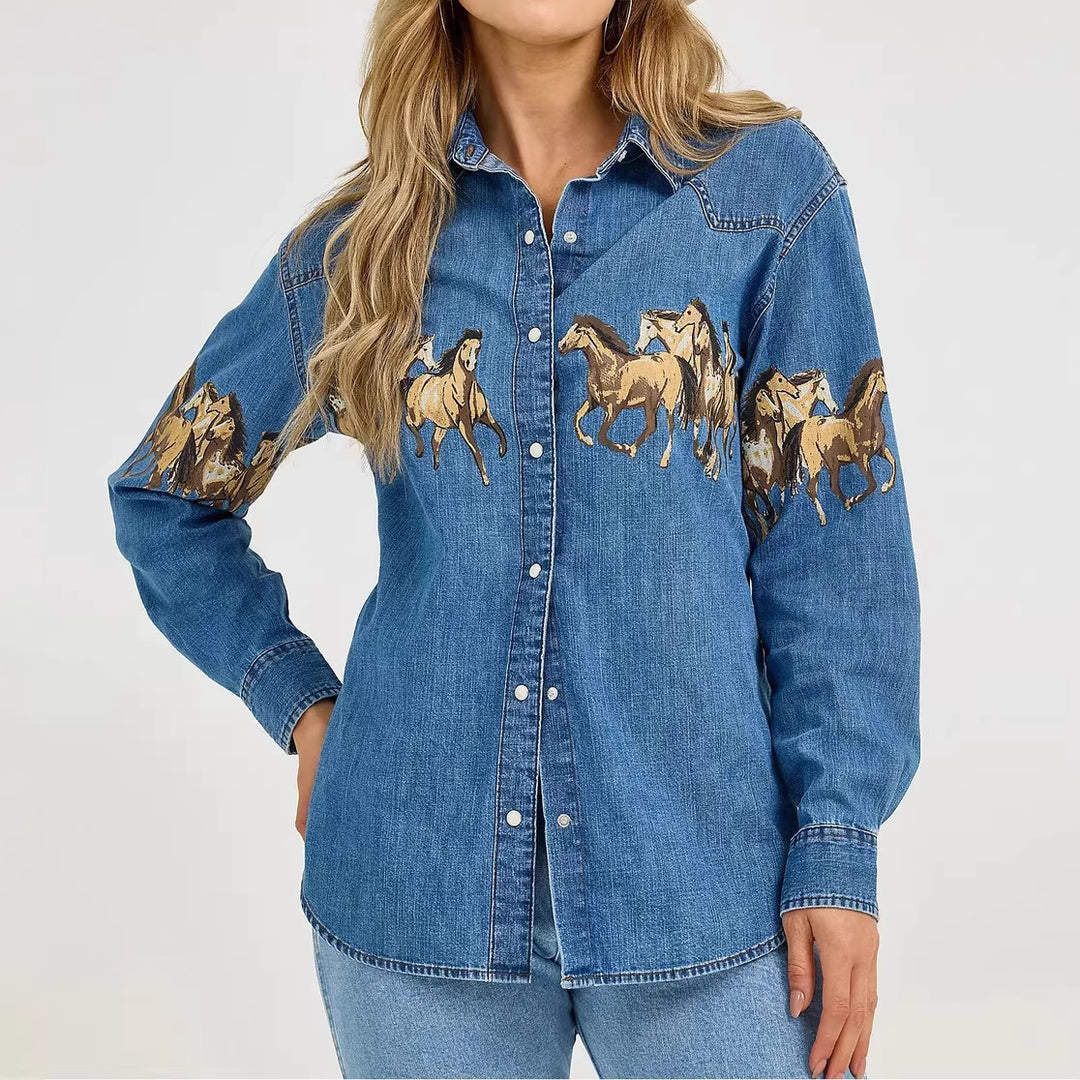 Damen Jeanshemd mit kreativem Pferdemotiv und hochwertiger Baumwollmischung EB