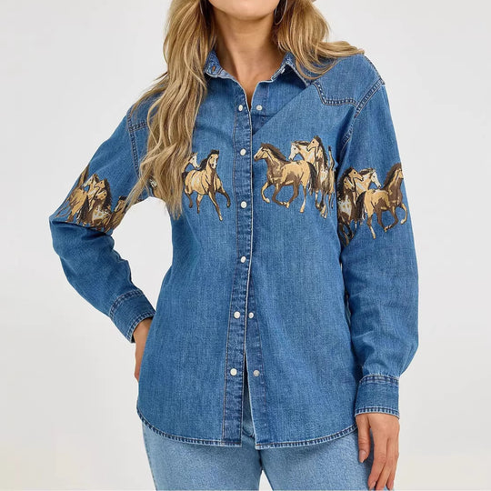 Damen Jeanshemd mit kreativem Pferdemotiv und hochwertiger Baumwollmischung EB